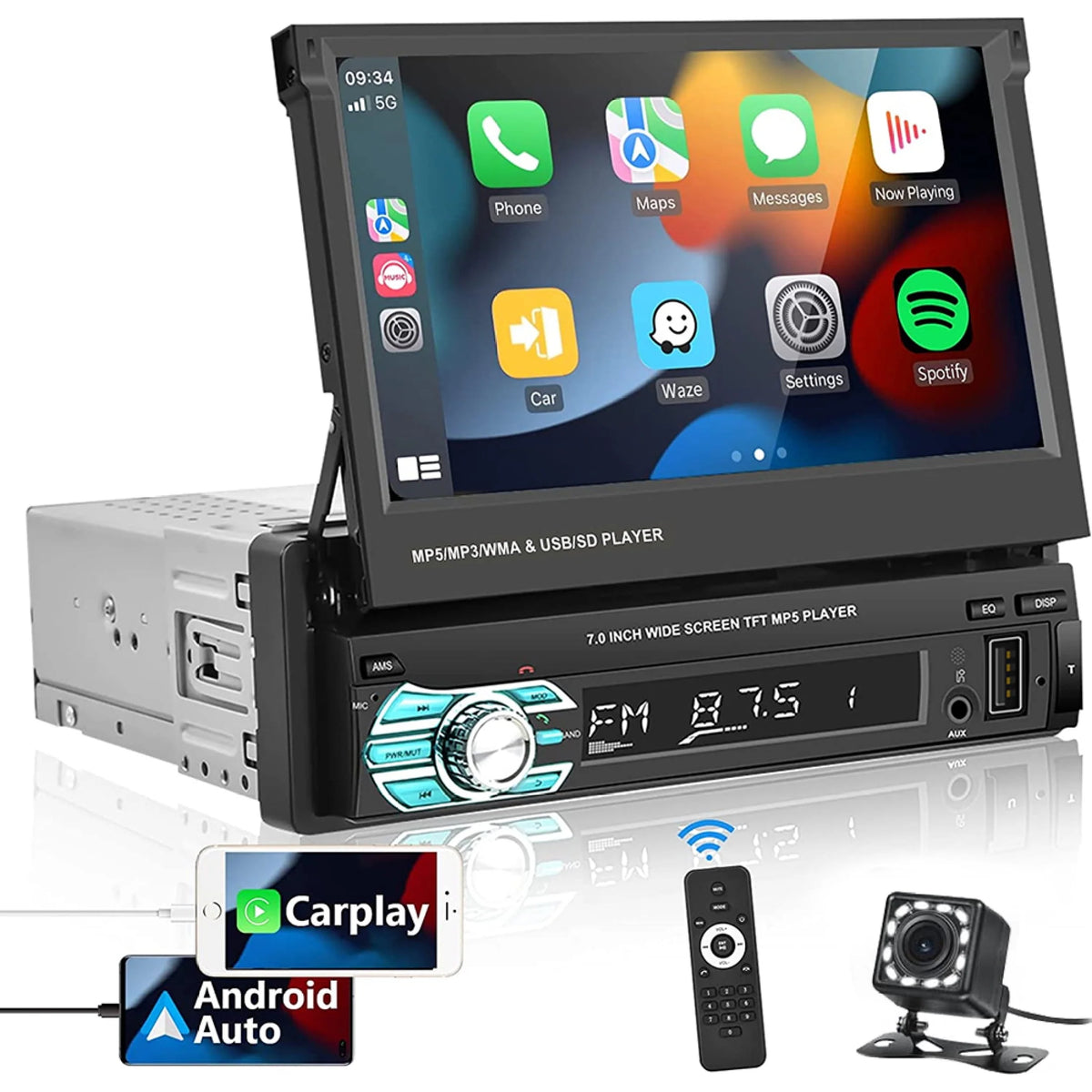 Single Din Car Stereo with Bluetooth Backup Camera 7Inch Flip Out Touch Screen Car Radio MP5 Player W333022