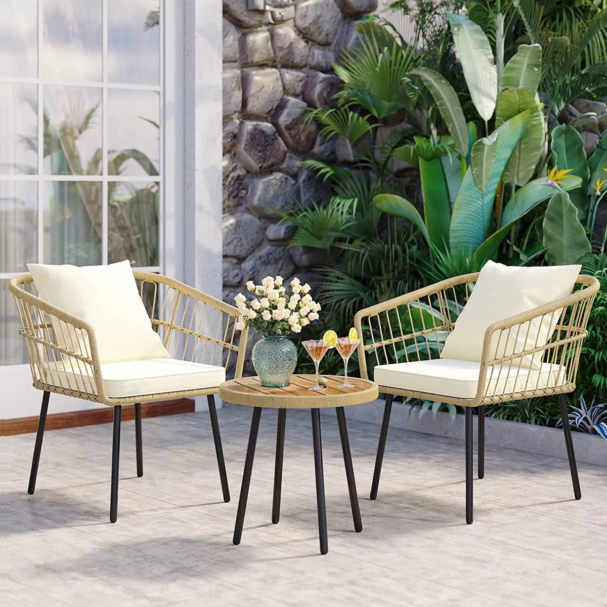 3 Pieces Beige Wicker Patio Conversation Chair Set with Cushions and Coffee Table L201