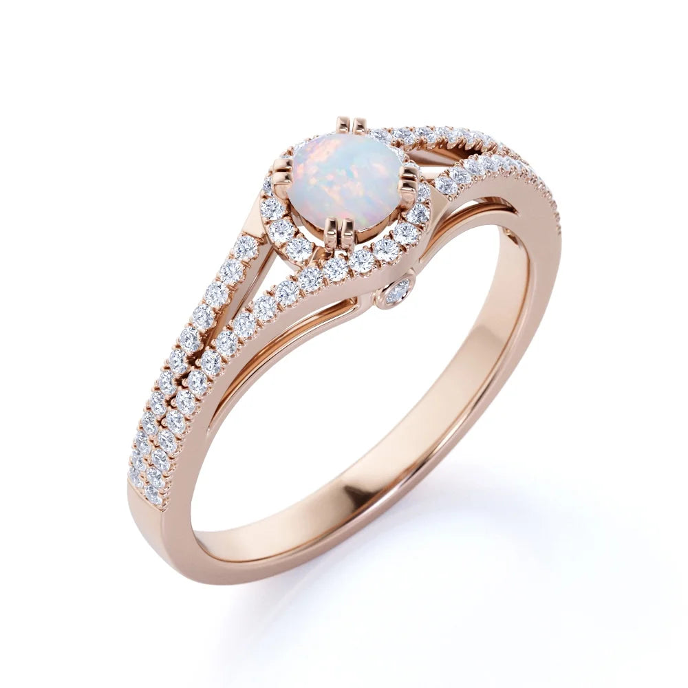 Vintage Blue Fire Opal and Moissanite Birthstone Ring in 18K Rose Gold over Silver I224
