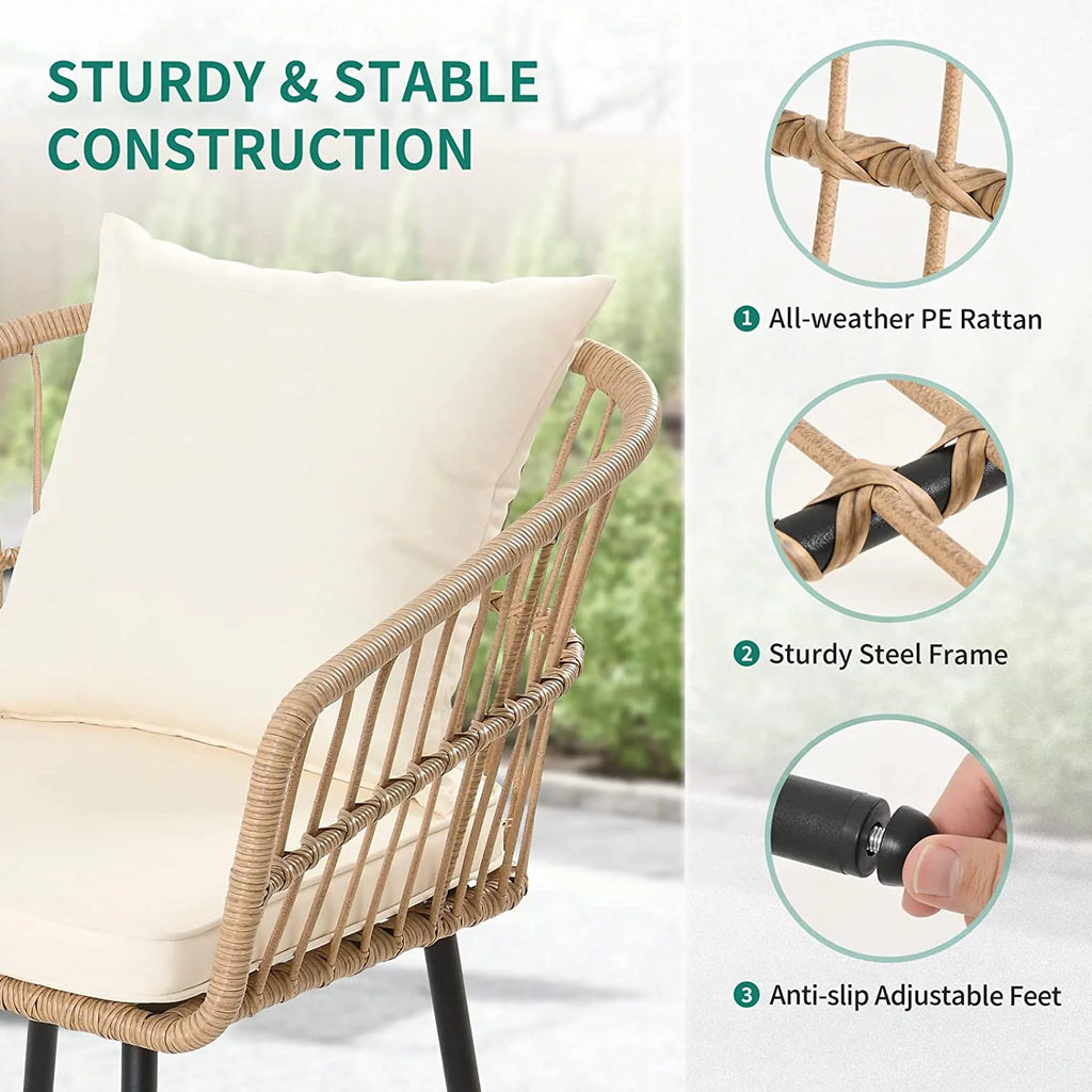 3 Pieces Beige Wicker Patio Conversation Chair Set with Cushions and Coffee Table L201