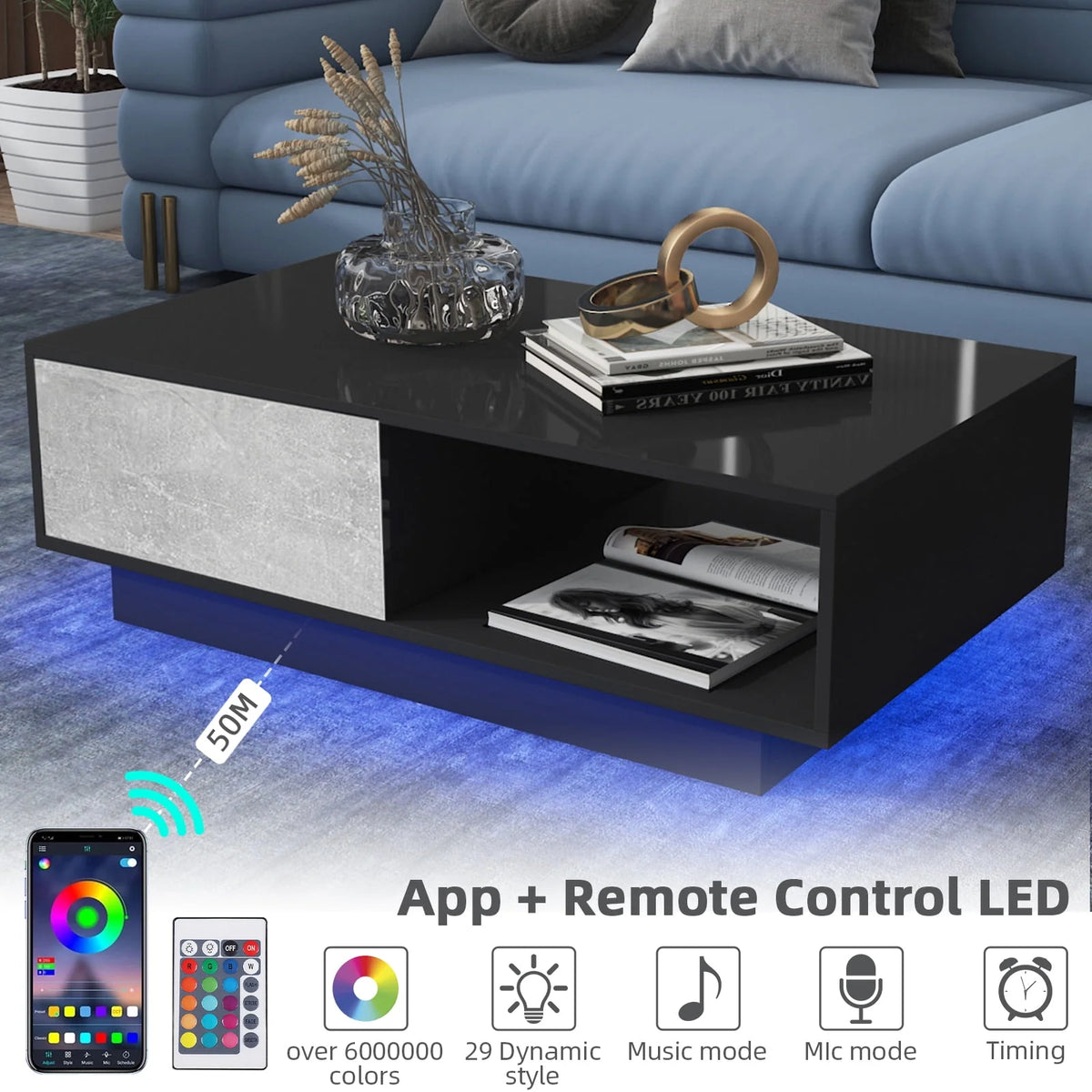 Black High Gloss LED Coffee Table with Drawer J592913