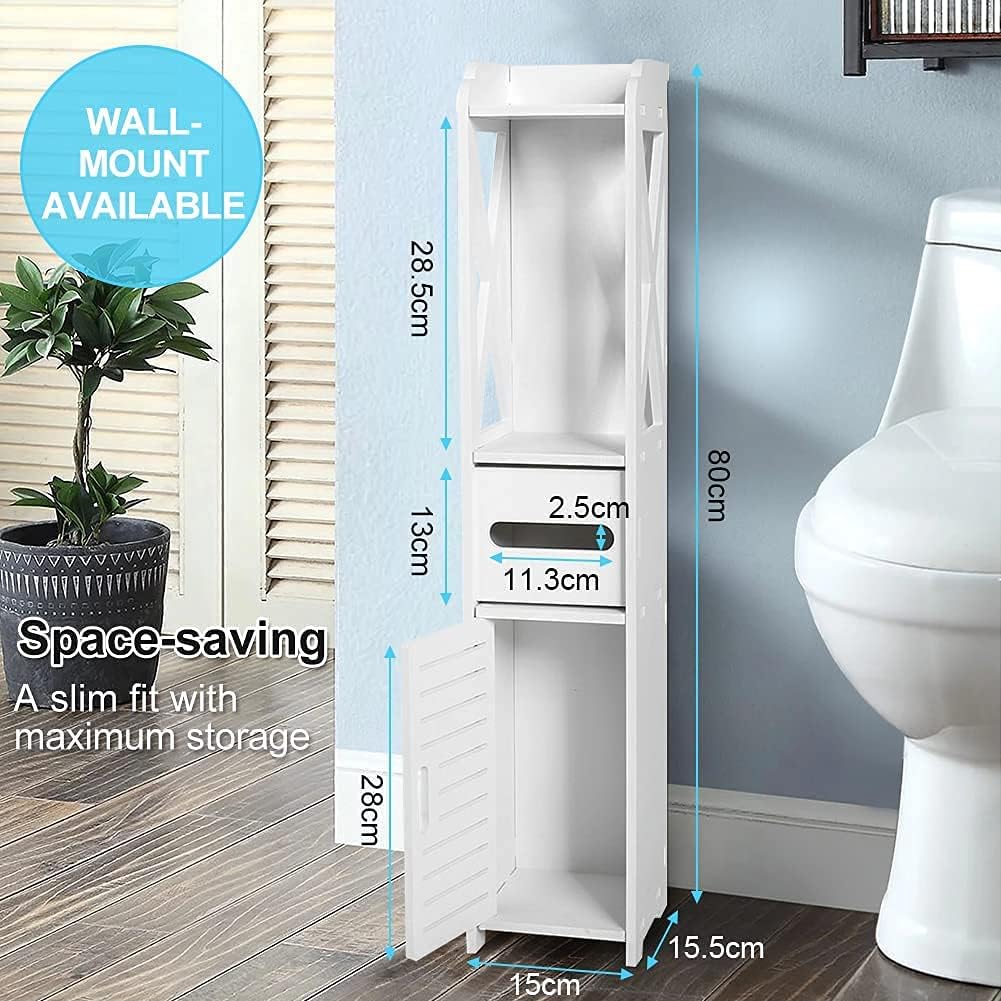 White Bathroom Floor Cabinet Storage Organizer, 31.5 x 6.1 x 5.9 inch R173