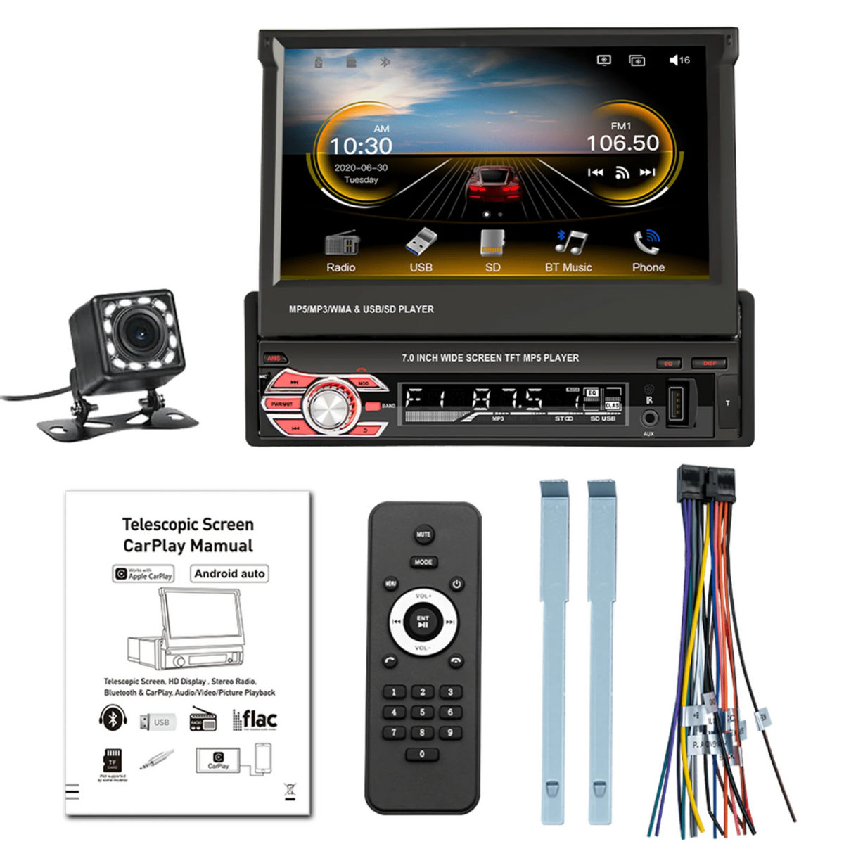 Single Din Car Stereo with Bluetooth Backup Camera 7Inch Flip Out Touch Screen Car Radio MP5 Player W333022