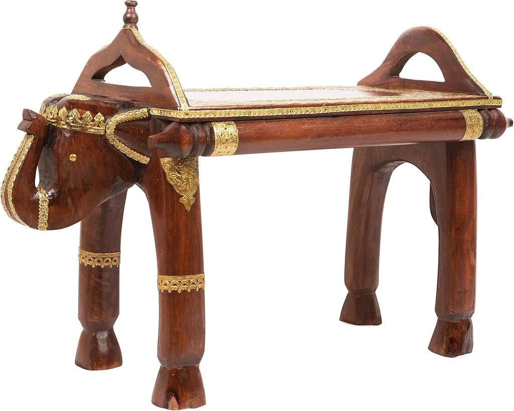 Hand Carved Wooden Elephant Side Table with Brass Accents O422420