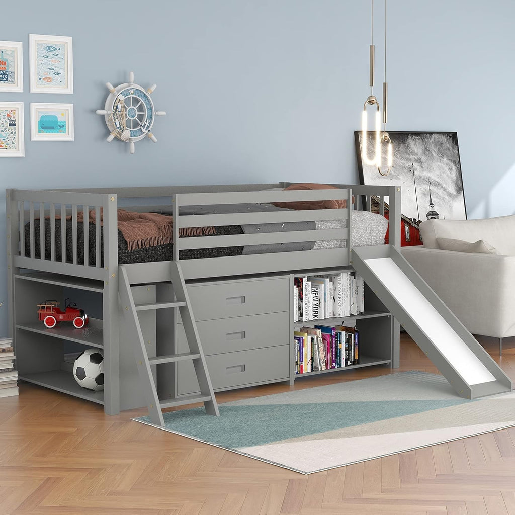 Twin Loft Bed with Cabinet and Storage, Built-in Ladder Playhouse Bed C3343