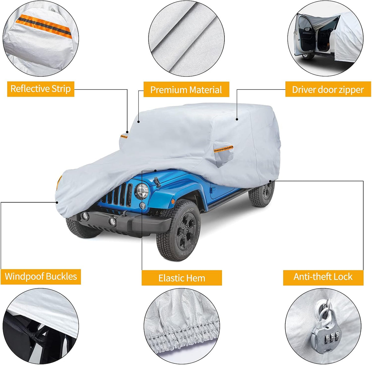 Waterproof Car Cover for 4 Door Wrangler JK with Driver Door Zipper Lock Cable U938