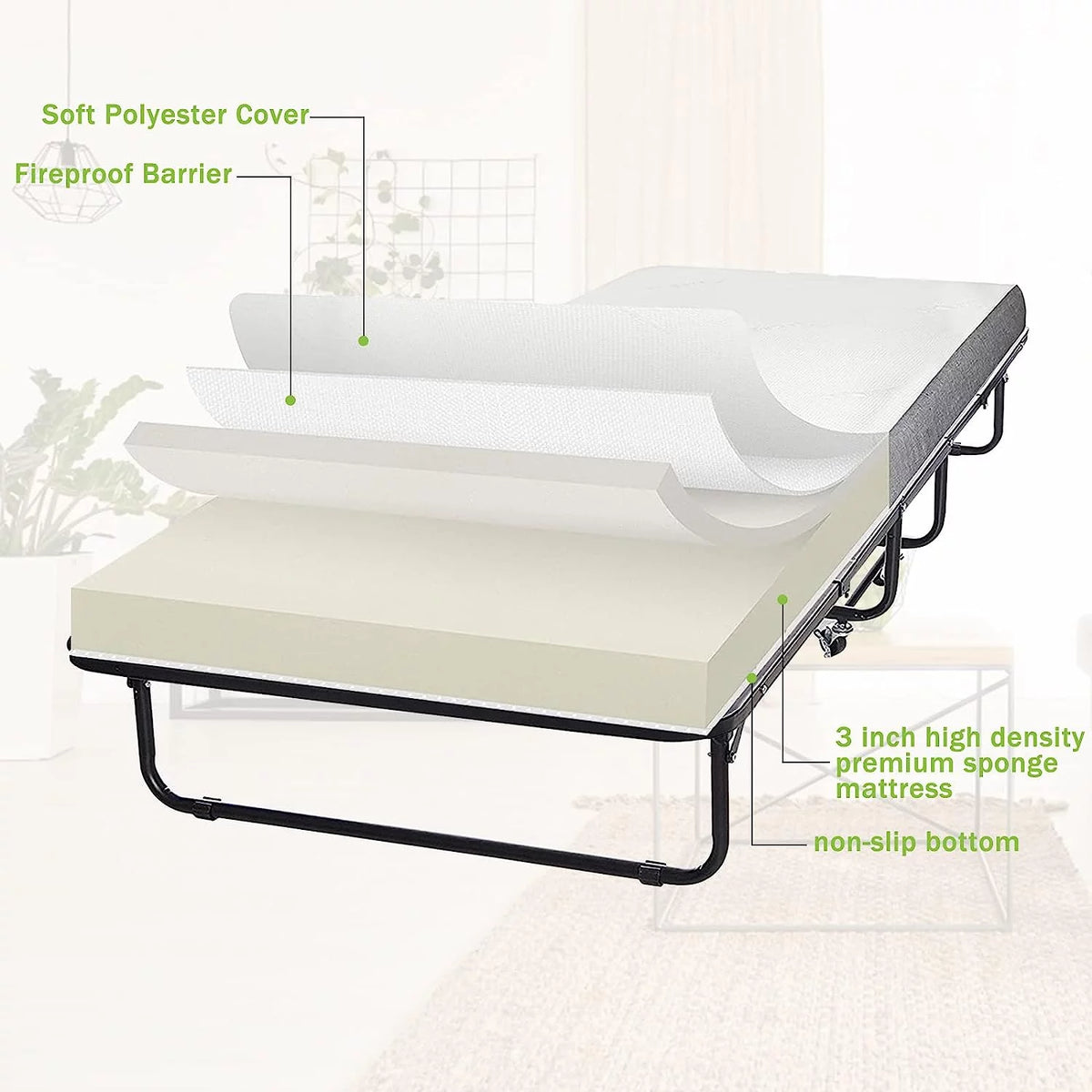 Folding Bed with Memory Foam Mattress and Wheels R13543