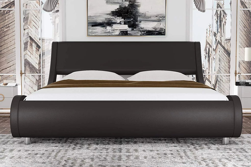 King Size Dark Brown Faux Leather Platform Bed Frame with Adjustable Headboard S10875
