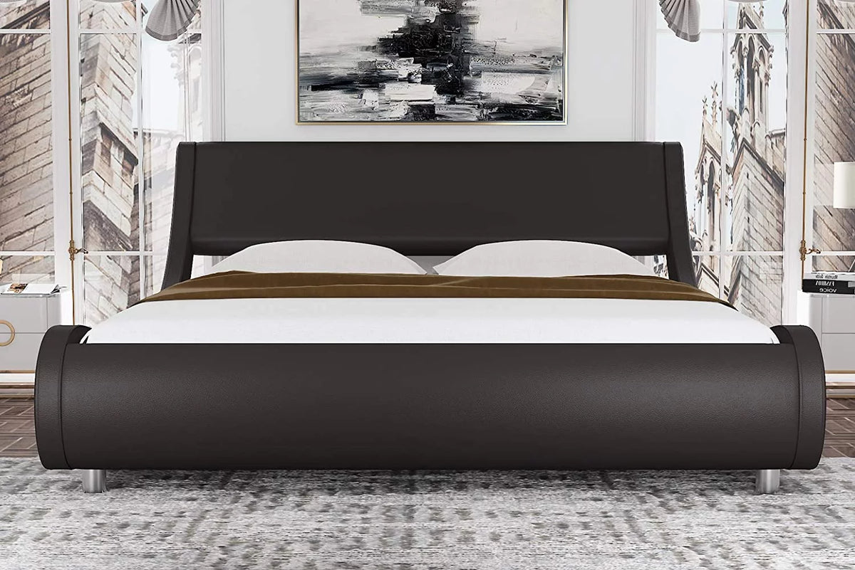 King Size Dark Brown Faux Leather Platform Bed Frame with Adjustable Headboard S10875