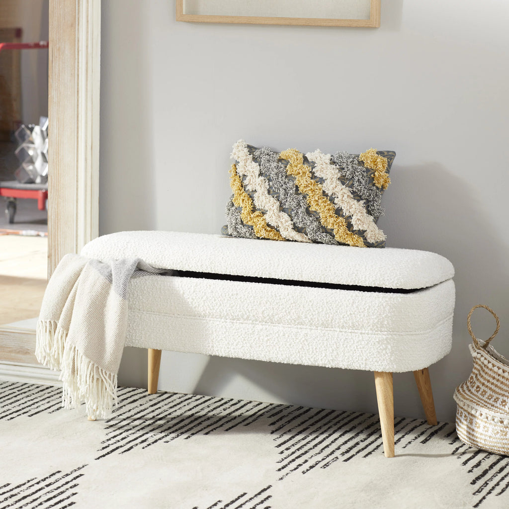 White Polyester Boucle Upholstered Storage Bench with Wood Legs O78345
