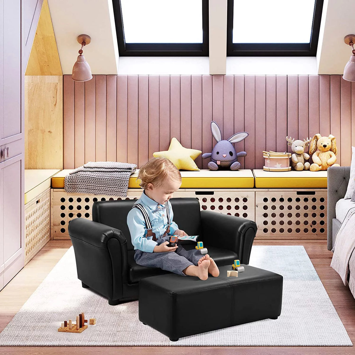 2 Seat Kids Sofa with Ottoman Black X207626
