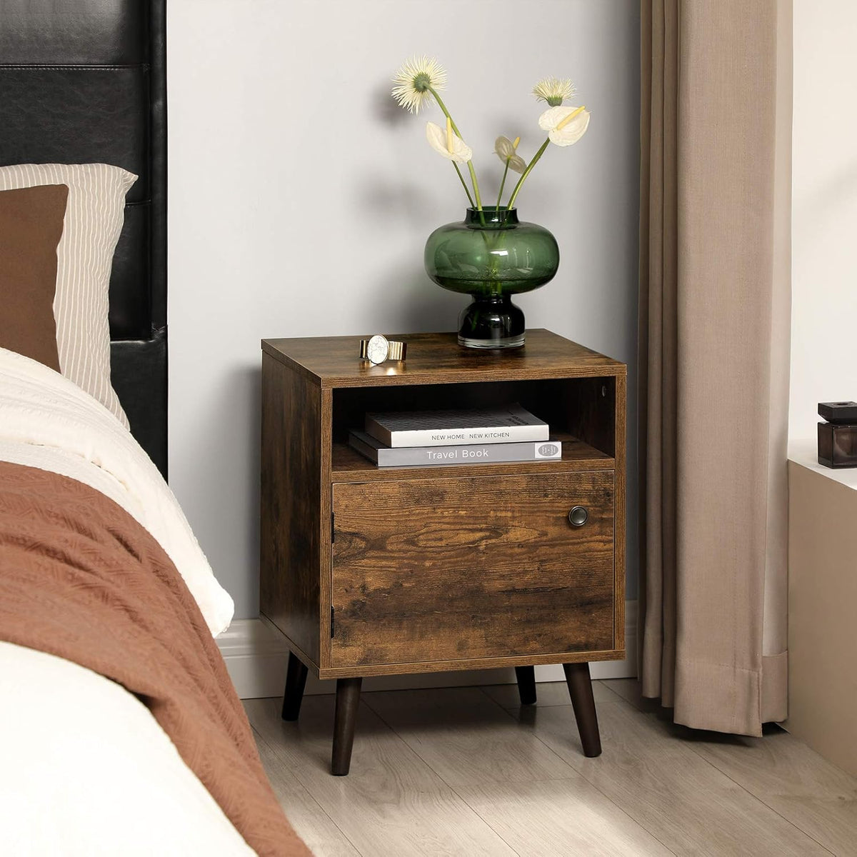 Rustic Brown Nightstand with Open Shelf and Cabinet I83614