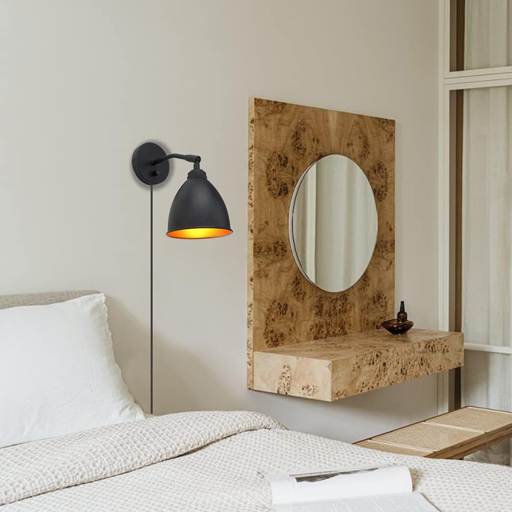 Vintage Plug in Wall Sconce, 1-Light Dimmable Industrial Metal Fixture Lamp with 6.1 Oval Black Metal Shade and 4.7 Black Canopy R674