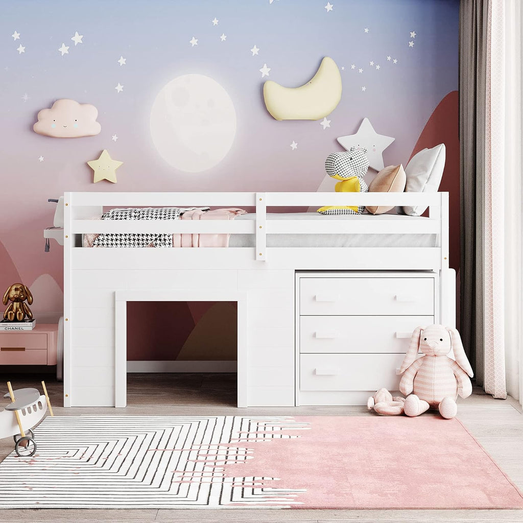 Twin Loft Bed with Cabinet and Storage, Built-in Ladder Playhouse Bed C3343