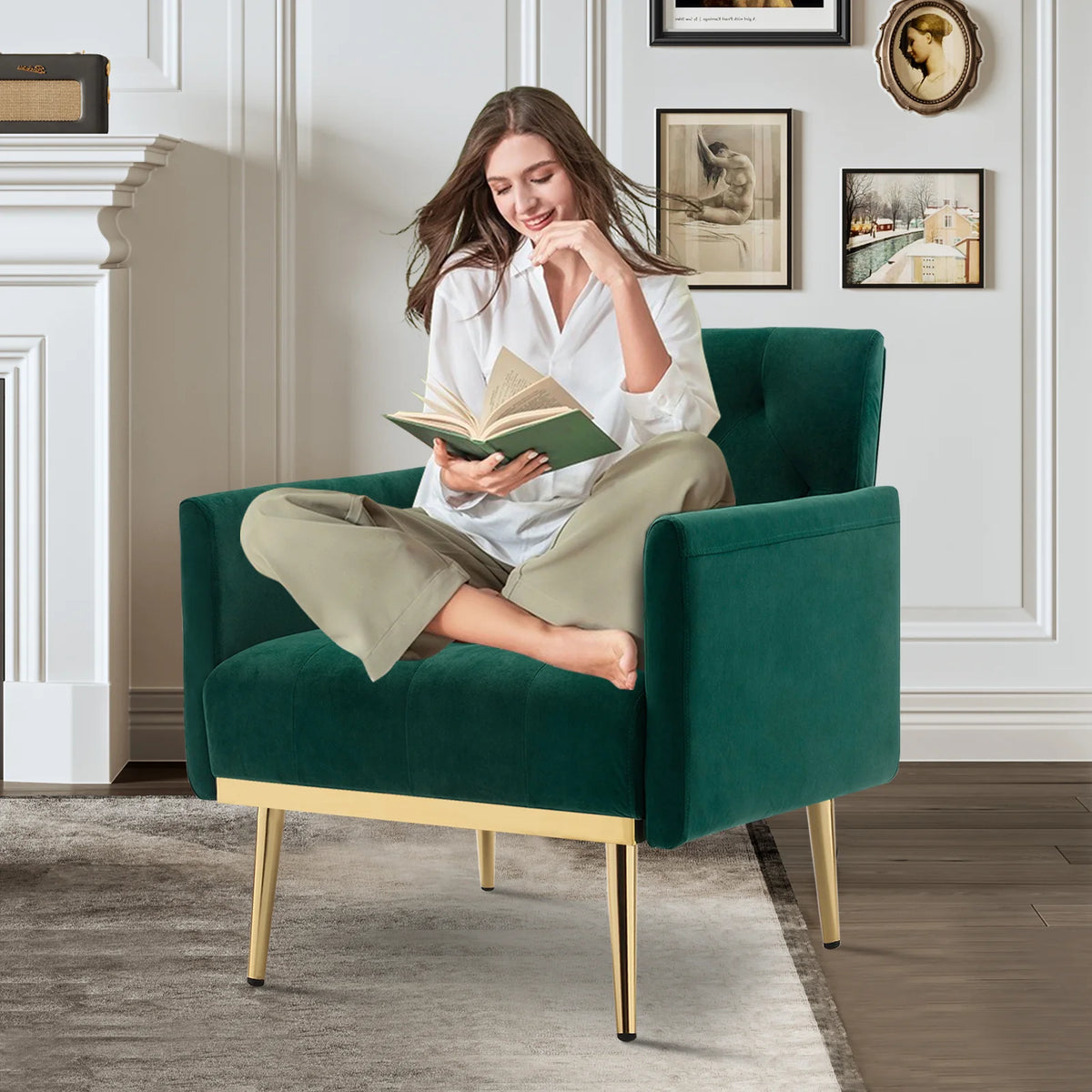 Green Velvet Upholstered Accent Chair with Metal Legs U669
