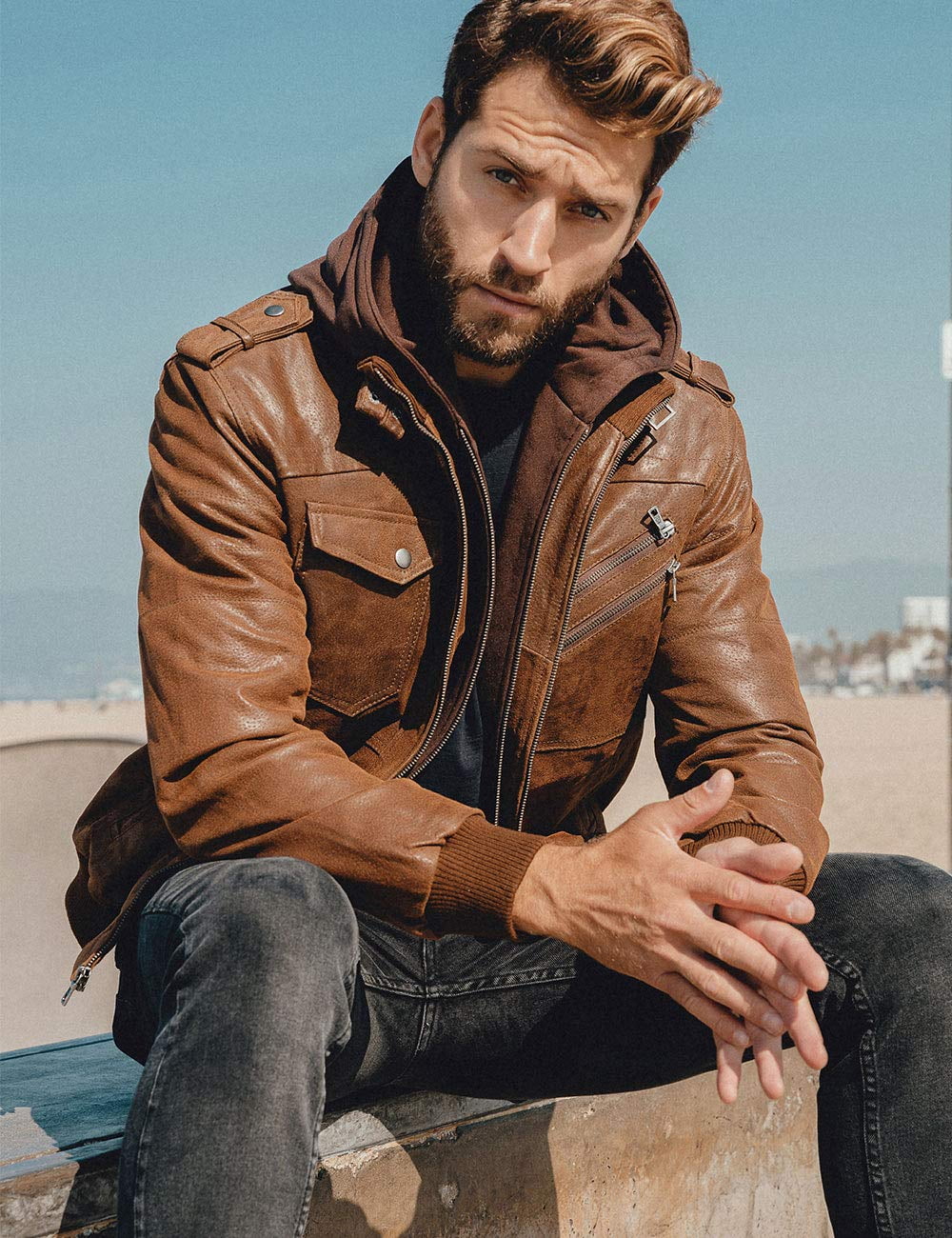 Brown Real Leather Jacket with Removable Hood O534204