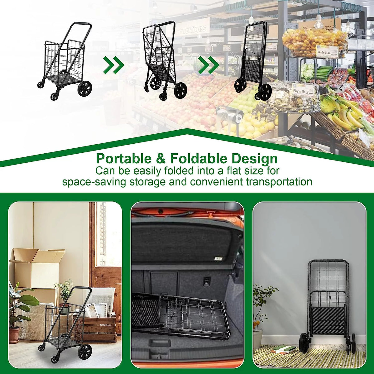 Folding Utility Cart with Swivel Wheels, 77lb Capacity T2954