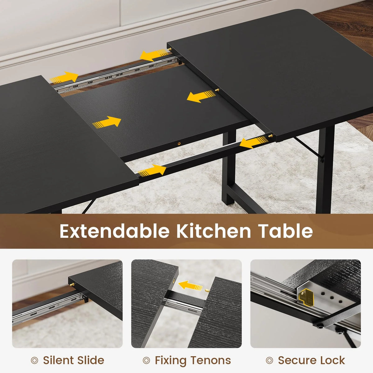 63" Extendable Dining Table Set with Bench and 4 Stools Black Metal Frame H8835