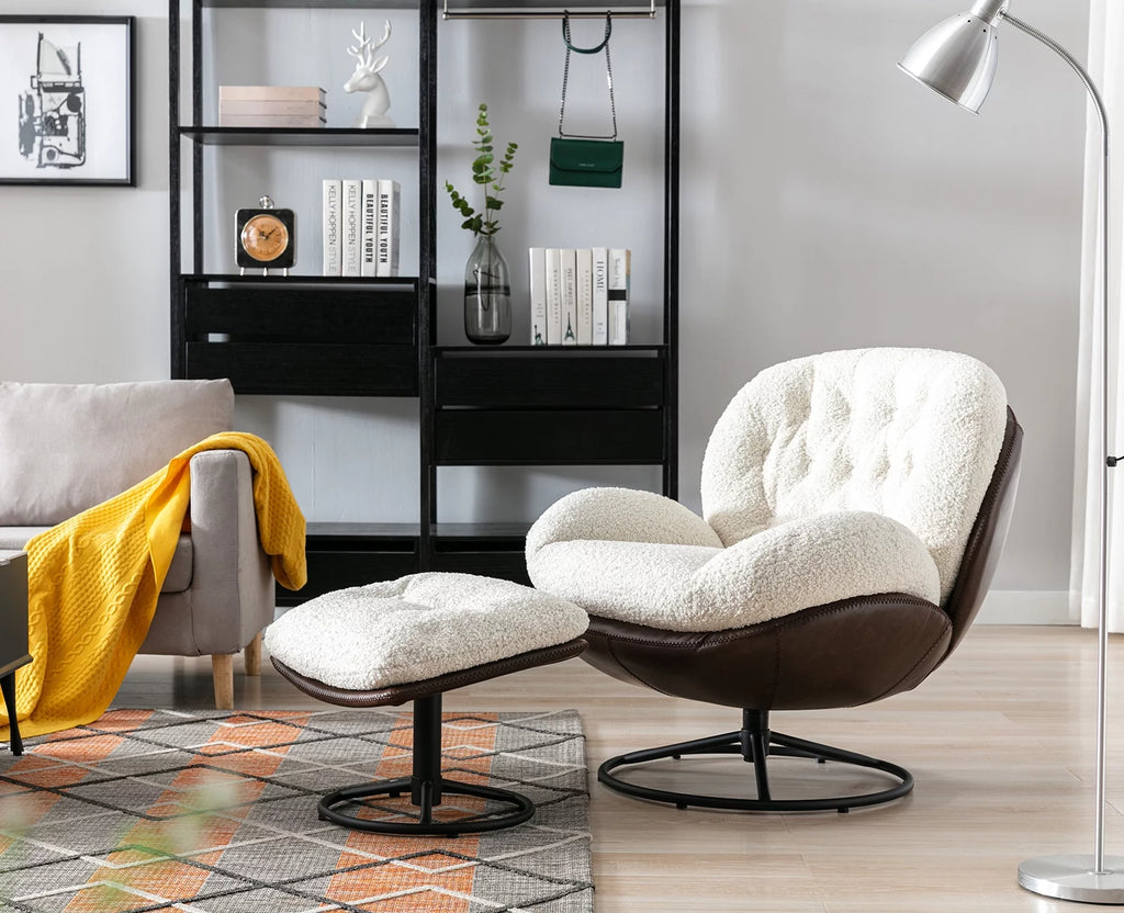 White Faux Fur Swivel Accent Chair with Ottoman O8380