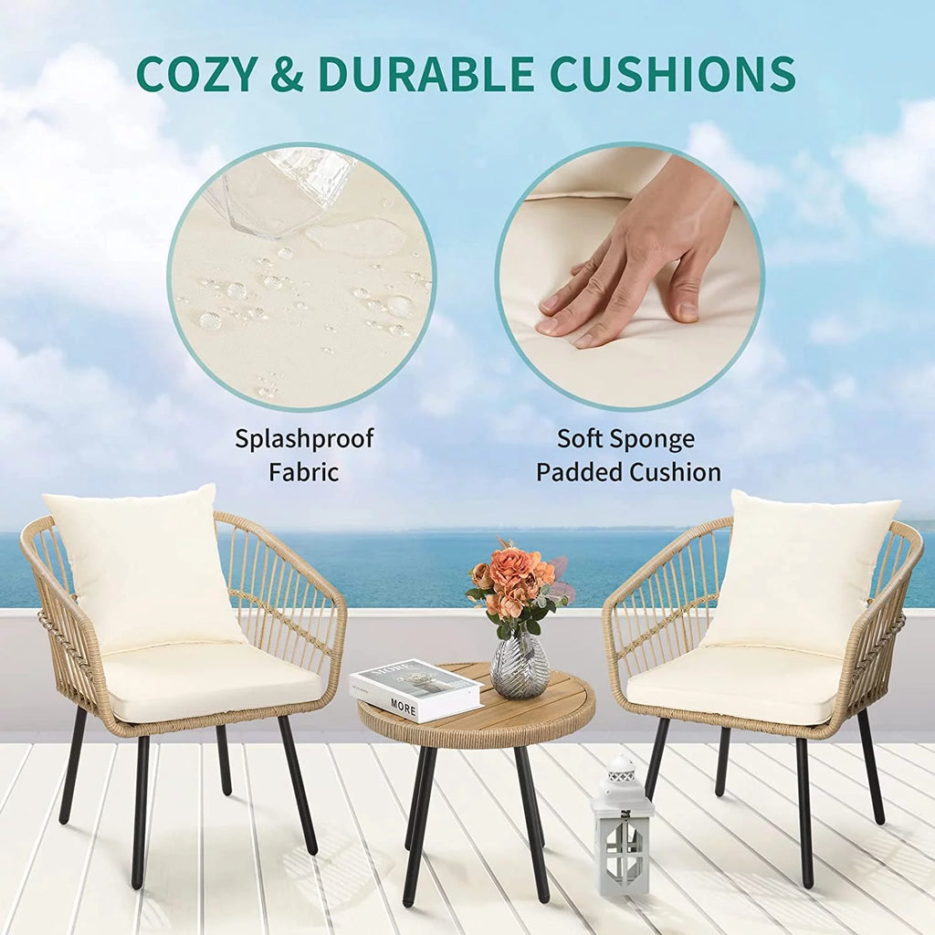 3 Pieces Beige Wicker Patio Conversation Chair Set with Cushions and Coffee Table L201