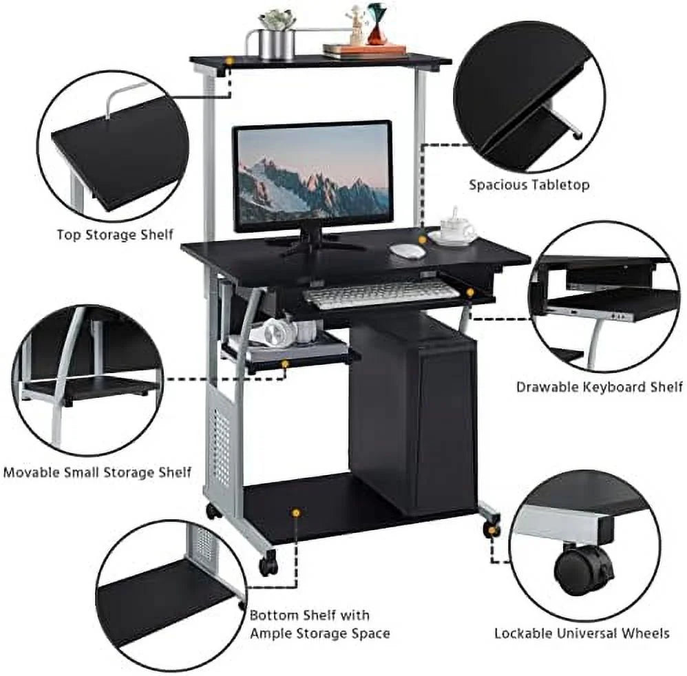 Black 3 Tier Computer Desk with Printer Shelf and Keyboard Tray U25623