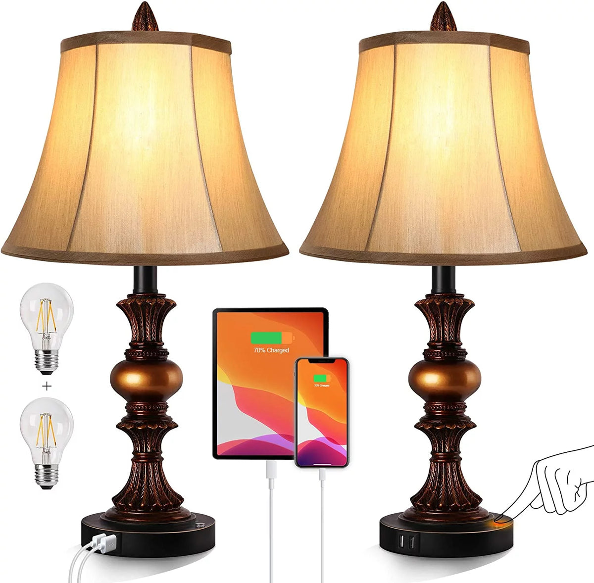 Set of 2 Touch Control 3-Way Dimmable Table Lamps with USB Ports U217