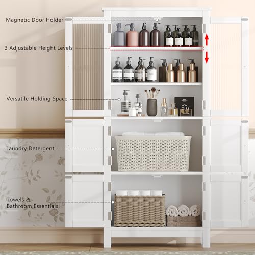 53.1" White Bathroom Storage Cabinet with 6 Doors B952154