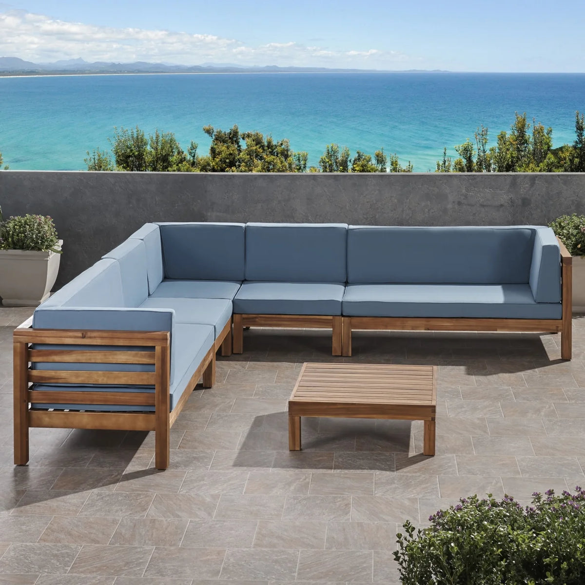 Acacia Wood 7 Seater Sectional Sofa with Cushions Q299