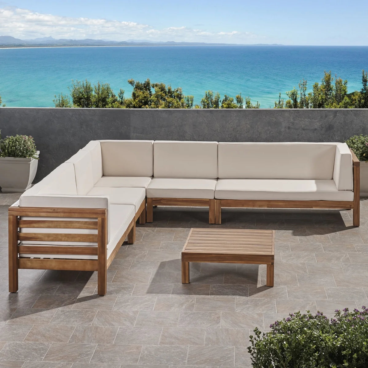 Acacia Wood 7 Seater Sectional Sofa with Cushions Q299