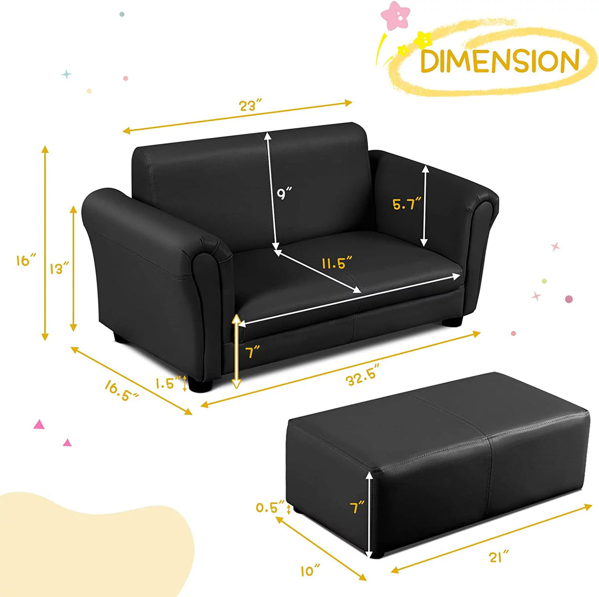 2 Seat Kids Sofa with Ottoman Black X207626