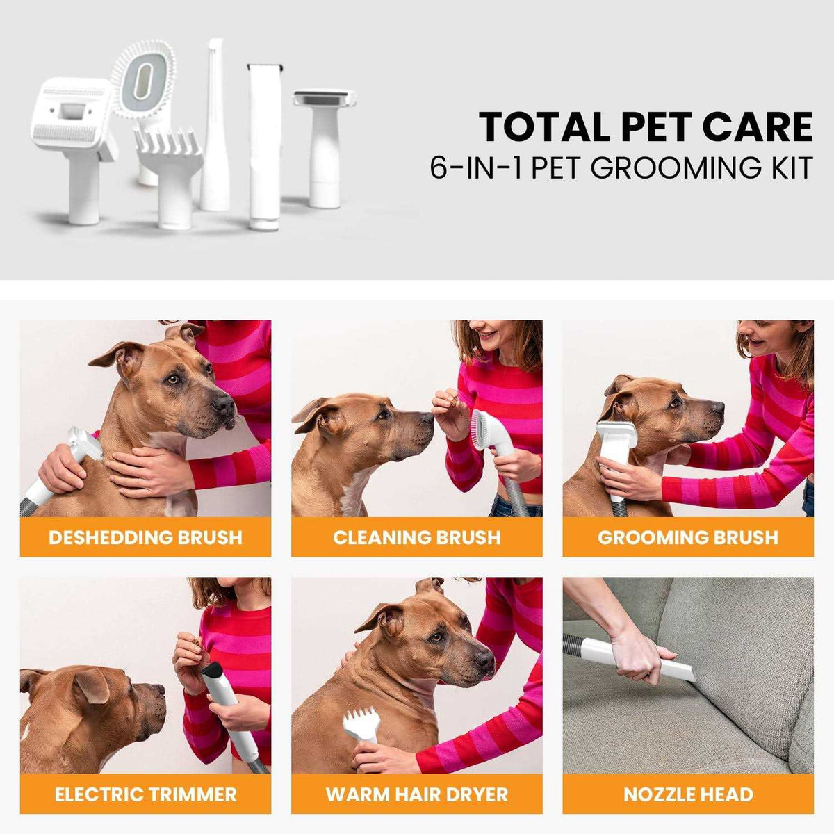 3-in-1 Pet Grooming Kit Vacuum Suction Dryer Clipper 6 Tools 4L I6131