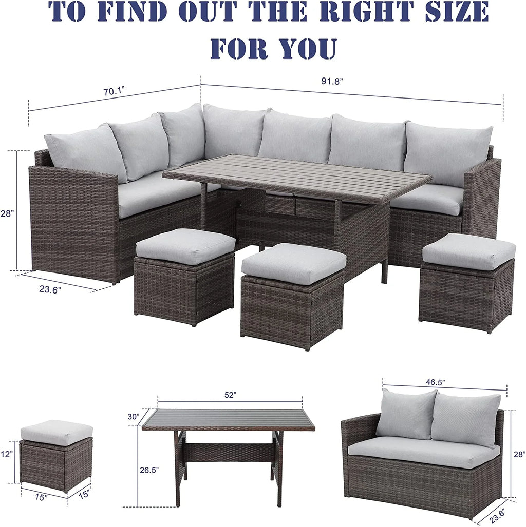 7 Piece Outdoor Dining Sectional Sofa with Dining Table and Chair D49126