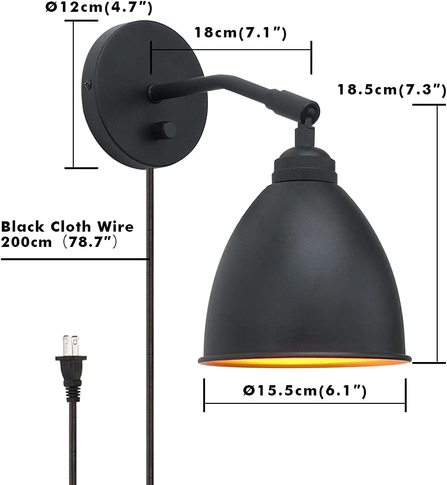 Vintage Plug in Wall Sconce, 1-Light Dimmable Industrial Metal Fixture Lamp with 6.1 Oval Black Metal Shade and 4.7 Black Canopy R674