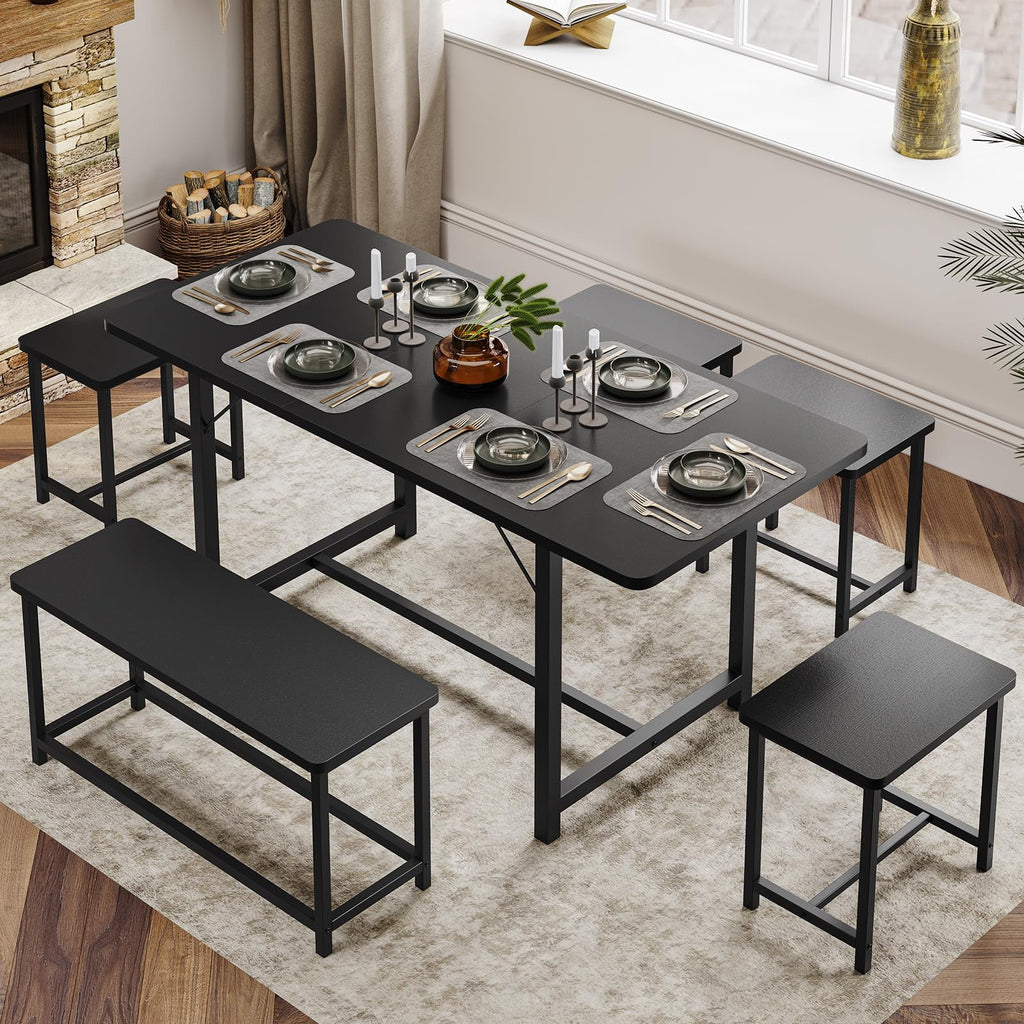 63" Extendable Dining Table Set with Bench and 4 Stools Black Metal Frame H8835