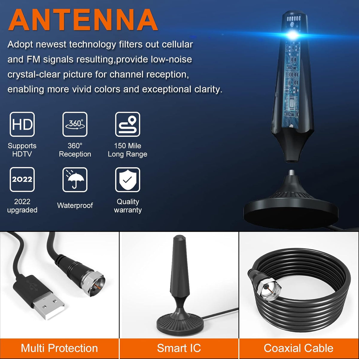 Indoor Amplified HDTV Antenna 300 Miles 4K 1080P UHF VHF FM with 13.4ft Coax Cable E4532