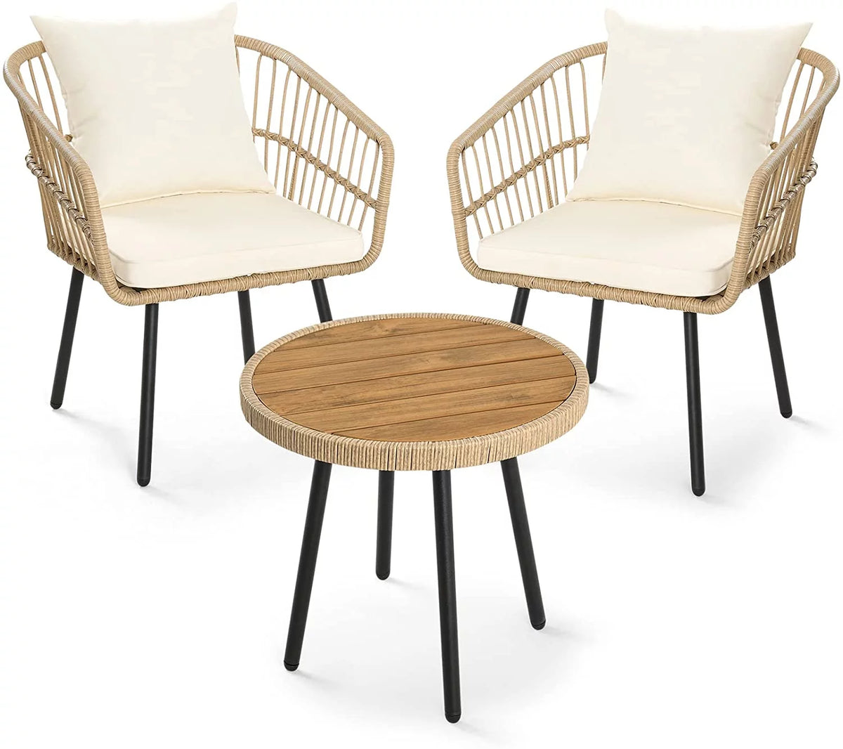 3 Pieces Beige Wicker Patio Conversation Chair Set with Cushions and Coffee Table L201