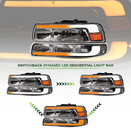 Compatible With Chevy Silverado Suburban Tahoe LED Strip Bar Black Housing Headlights With Signal Bumper Lamps Amber Reflector 4-Pieces C668358