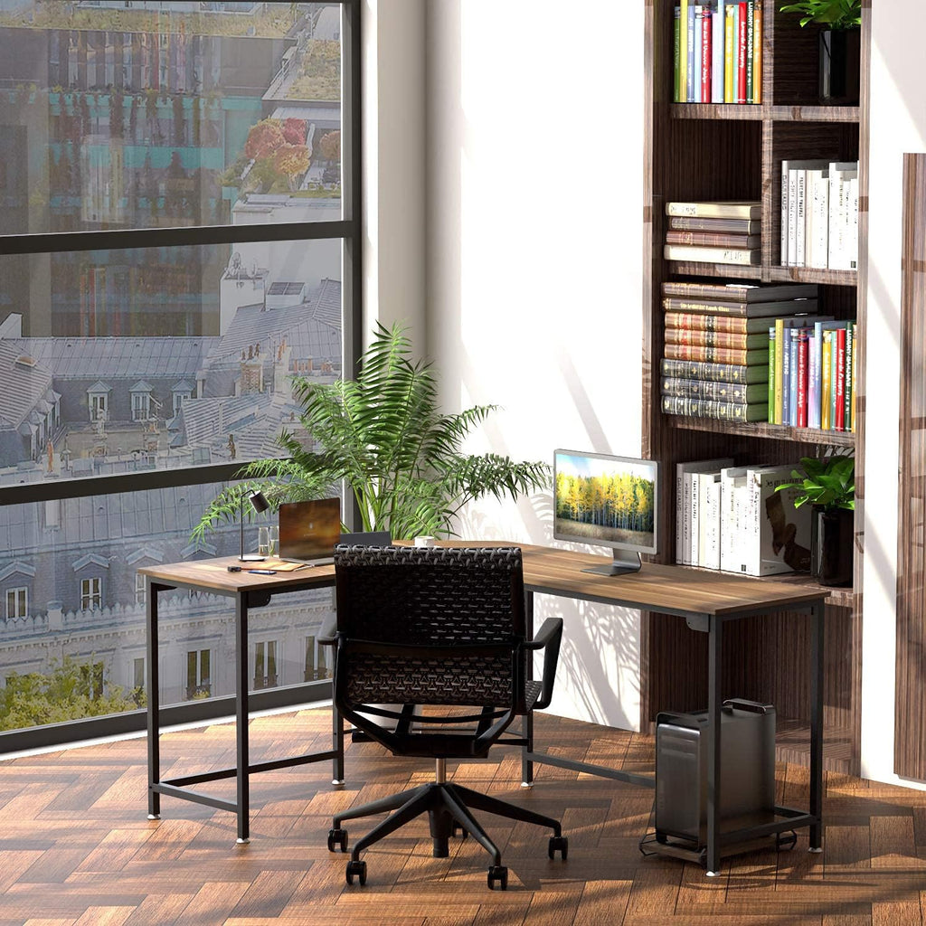 Reversible L Shaped Desk with Wood & Anti-Rust Frosted Metal Teak Black H174