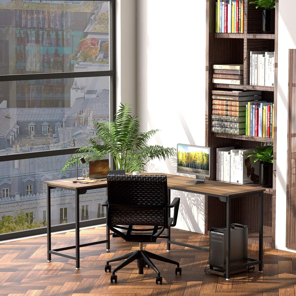 Reversible L Shaped Desk with Wood & Anti-Rust Frosted Metal Teak Black H174