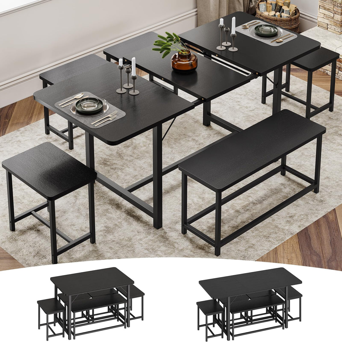 63" Extendable Dining Table Set with Bench and 4 Stools Black Metal Frame H8835