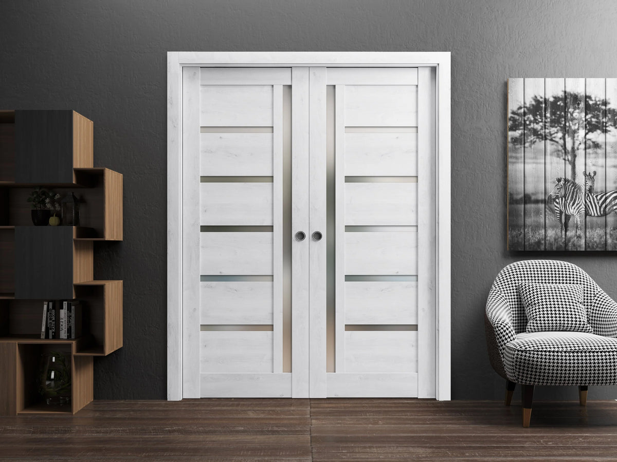 Nordic White Solid Wood Sliding French Double Pocket Doors with Frosted Glass Y64068