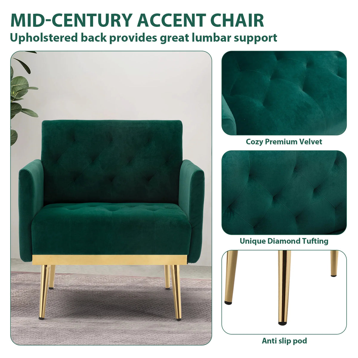 Green Velvet Upholstered Accent Chair with Metal Legs U669