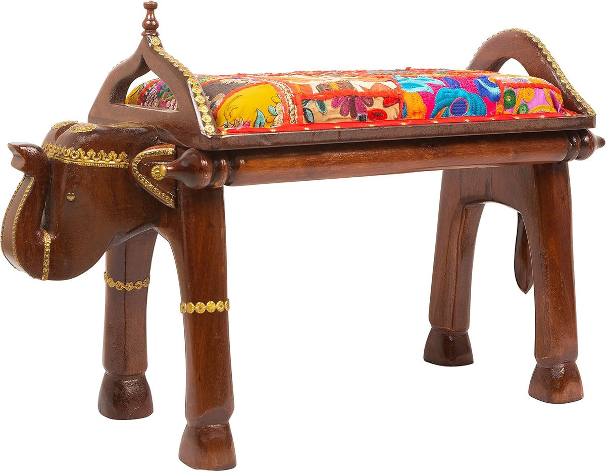 Hand Carved Wooden Elephant Side Table with Brass Accents O422420