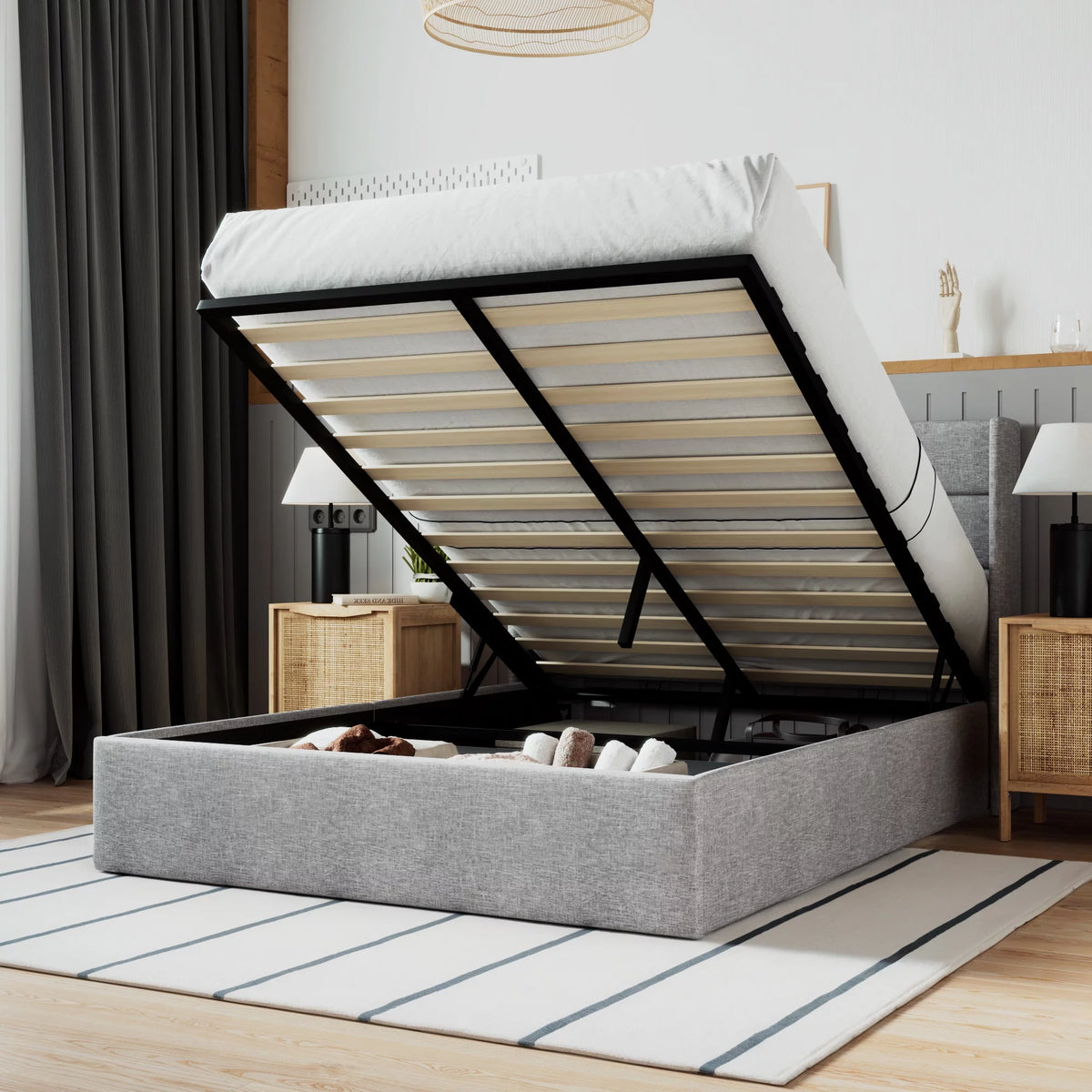 Beige Queen Size Lift Up Platform Bed Frame with Headboard B619932