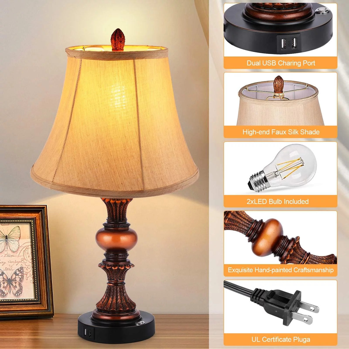 Set of 2 Touch Control 3-Way Dimmable Table Lamps with USB Ports U217