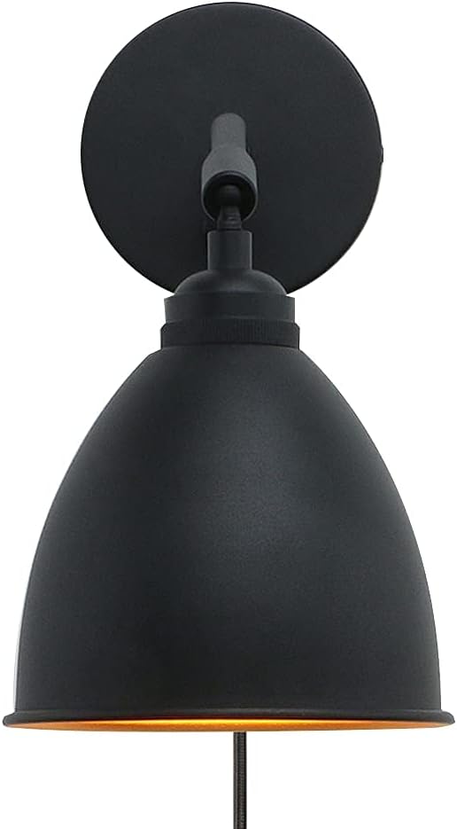Vintage Plug in Wall Sconce, 1-Light Dimmable Industrial Metal Fixture Lamp with 6.1 Oval Black Metal Shade and 4.7 Black Canopy R674