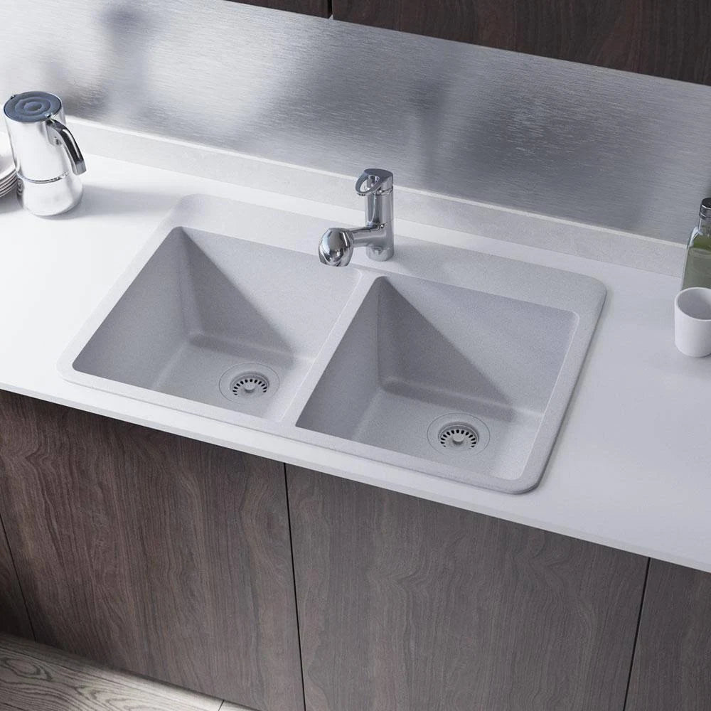 Pewter Topmount Composite Granite Kitchen Sink with Two Grids and Strainer and Flange F897