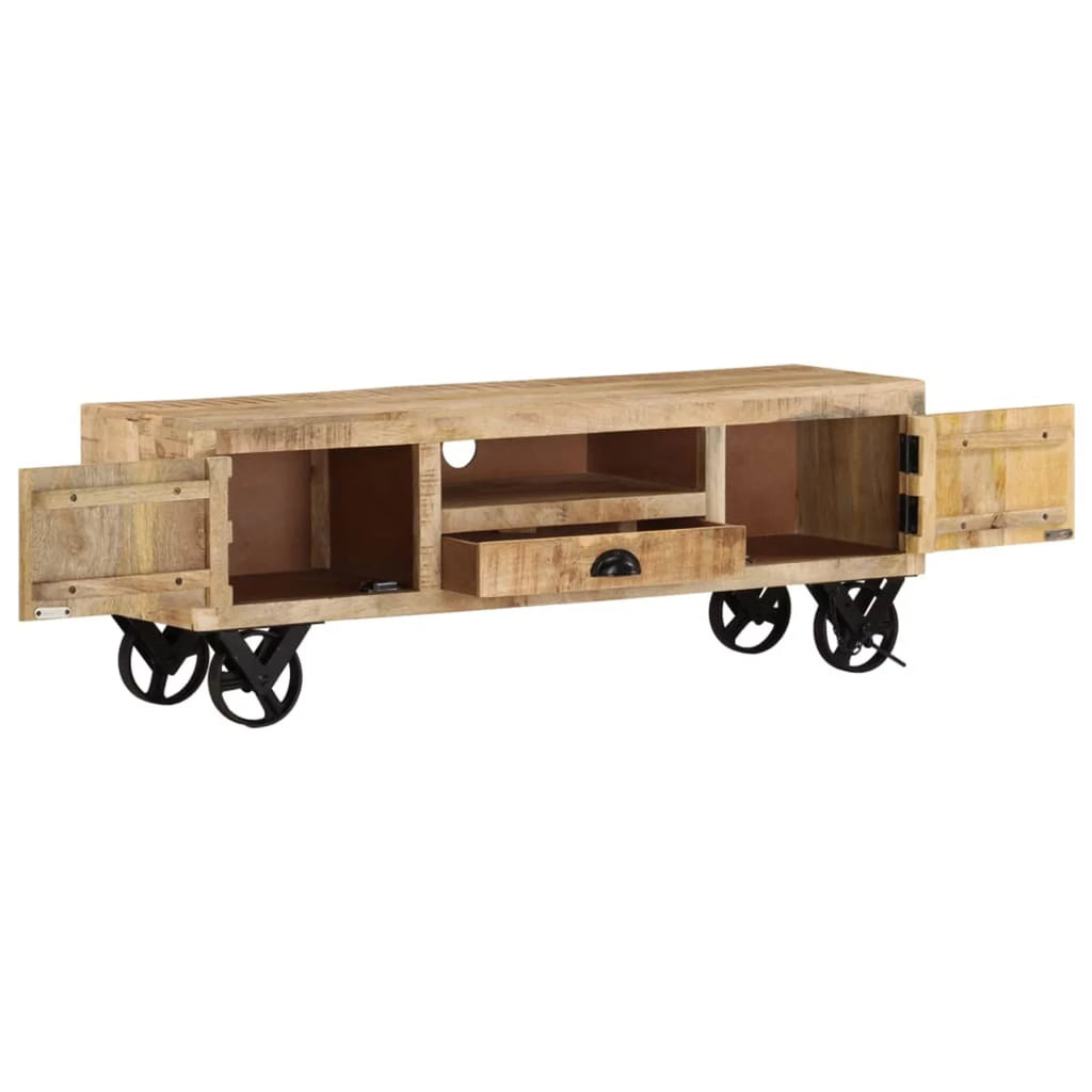 Rough Mango Wood Wheeled TV Stand with 2 Doors H757528