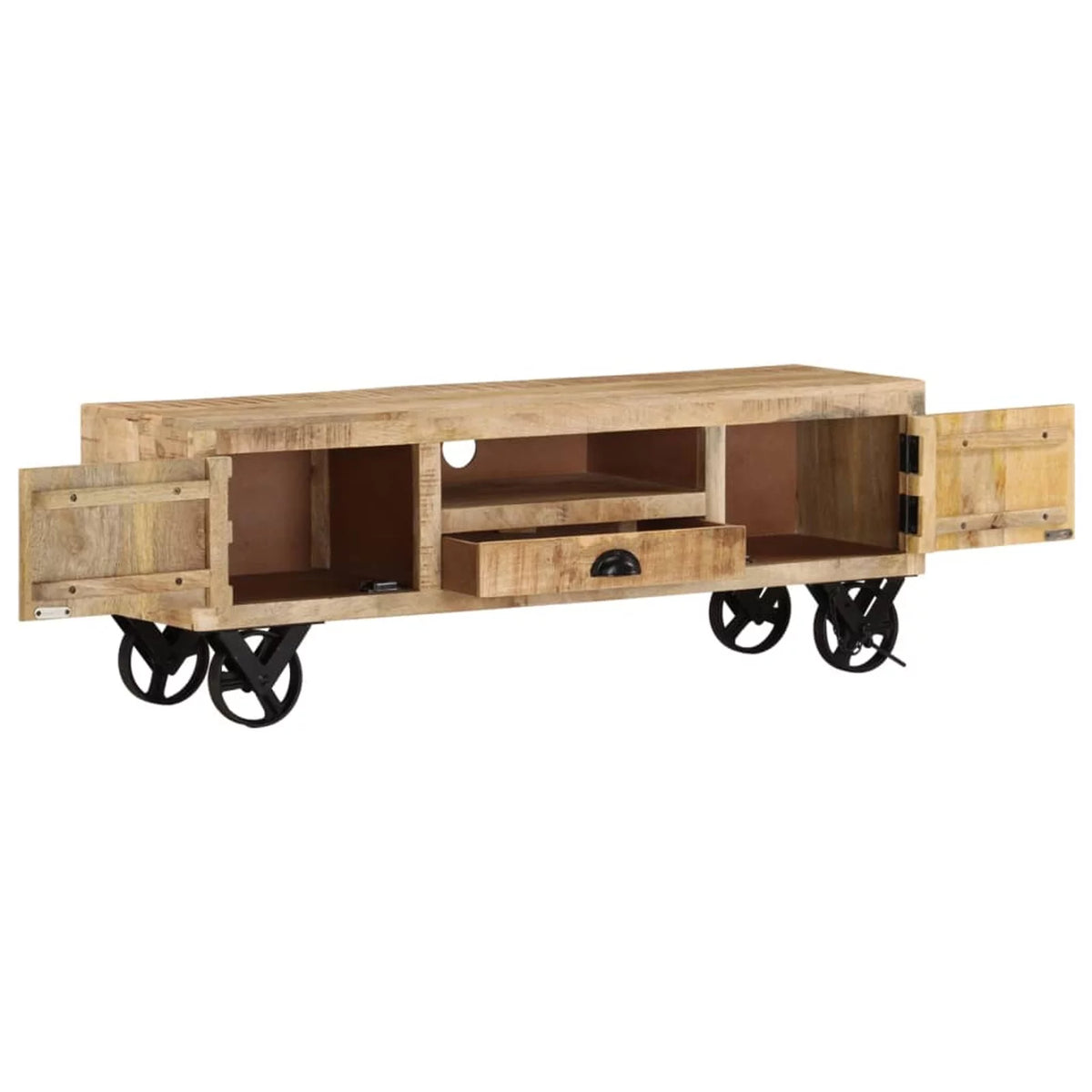 Rough Mango Wood Wheeled TV Stand with 2 Doors H757528