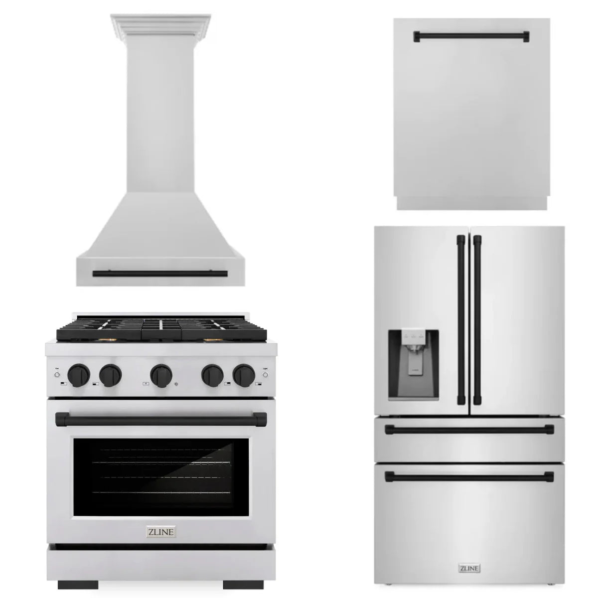 30 In. Gas Range, Range Hood, Refrigerator, and Dishwasher in Stainless Steel D24475